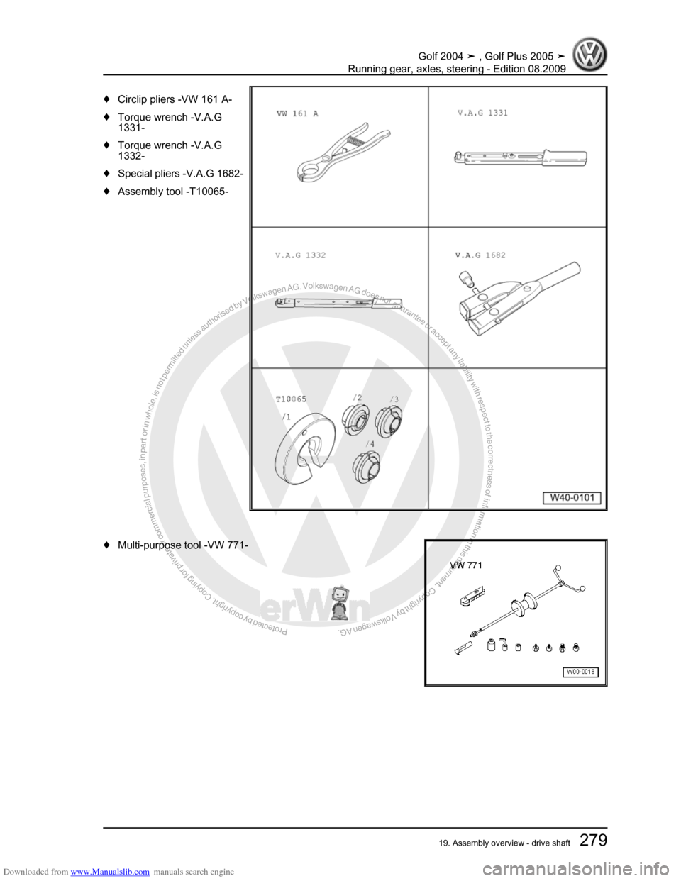VOLKSWAGEN GOLF 2004 1J / 4.G Running Gear Axles Workshop Manual Downloaded from www.Manualslib.com manuals search engine Protected by copyright. Copying for private or commercial purposes, in partor in whole, is not permitted unless authorised by Volkswagen AG. Vo