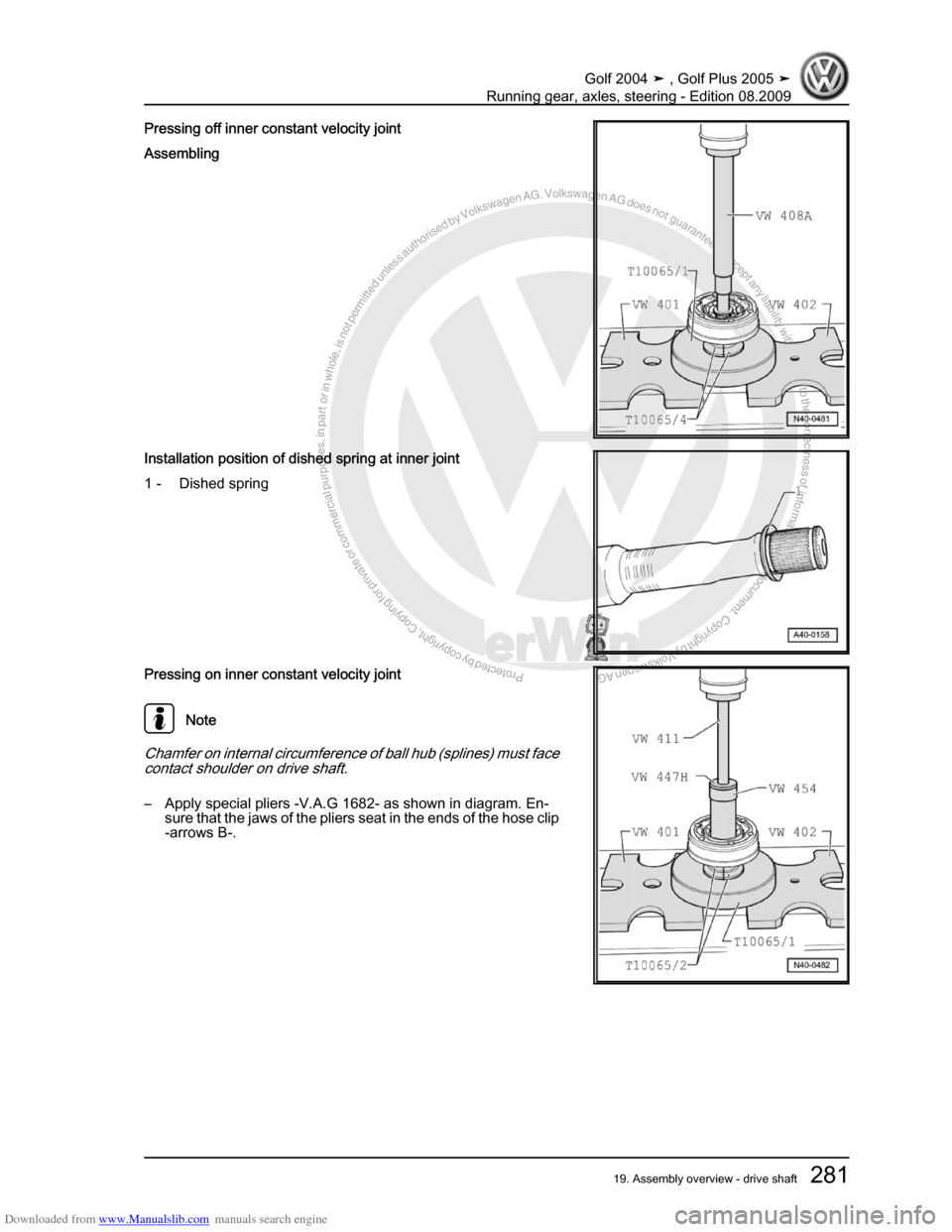 VOLKSWAGEN GOLF 2004 1J / 4.G Running Gear Axles Workshop Manual Downloaded from www.Manualslib.com manuals search engine Protected by copyright. Copying for private or commercial purposes, in partor in whole, is not permitted unless authorised by Volkswagen AG. Vo