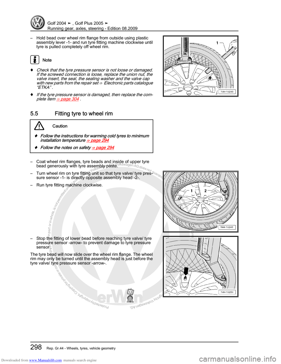 VOLKSWAGEN GOLF 2004 1J / 4.G Running Gear Axles Workshop Manual Downloaded from www.Manualslib.com manuals search engine Protected by copyright. Copying for private or commercial purposes, in partor in whole, is not permitted unless authorised by Volkswagen AG. Vo