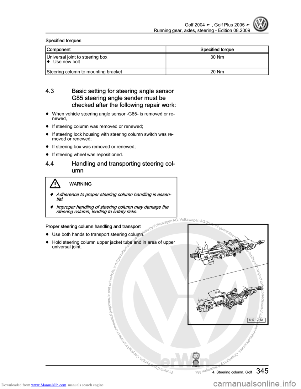 VOLKSWAGEN GOLF 2004 1J / 4.G Running Gear Axles Workshop Manual Downloaded from www.Manualslib.com manuals search engine Protected by copyright. Copying for private or commercial purposes, in partor in whole, is not permitted unless authorised by Volkswagen AG. Vo