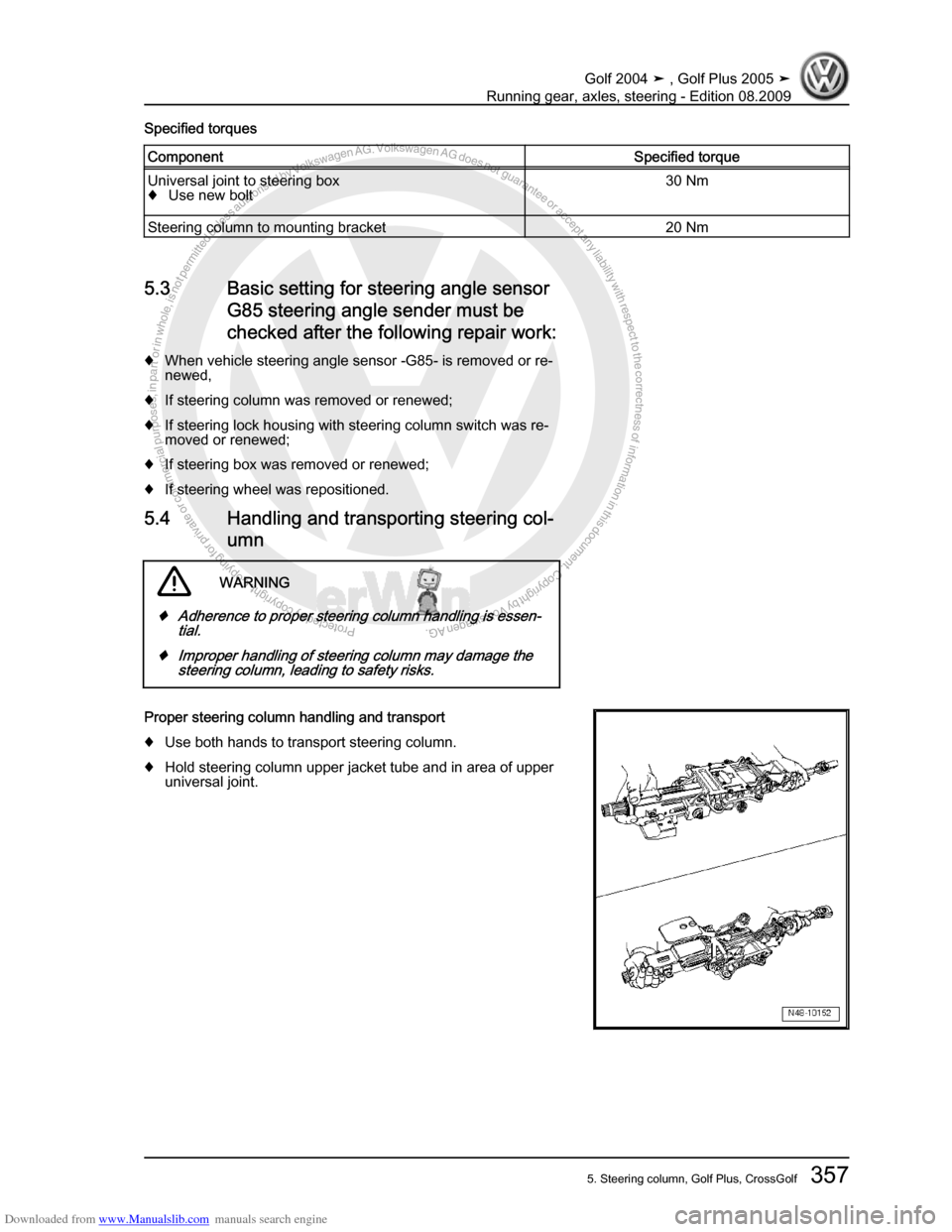 VOLKSWAGEN GOLF 2004 1J / 4.G Running Gear Axles Workshop Manual Downloaded from www.Manualslib.com manuals search engine Protected by copyright. Copying for private or commercial purposes, in partor in whole, is not permitted unless authorised by Volkswagen AG. Vo