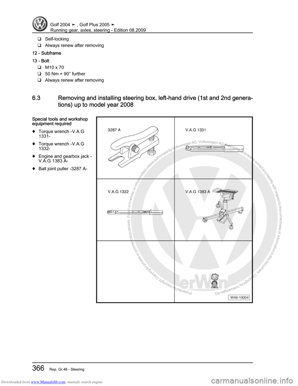 VOLKSWAGEN GOLF 2004 1J / 4.G Running Gear Axles Workshop Manual Downloaded from www.Manualslib.com manuals search engine Protected by copyright. Copying for private or commercial purposes, in partor in whole, is not permitted unless authorised by Volkswagen AG. Vo