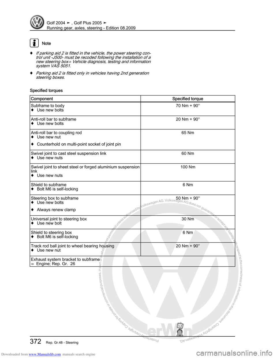 VOLKSWAGEN GOLF 2004 1J / 4.G Running Gear Axles Workshop Manual Downloaded from www.Manualslib.com manuals search engine Protected by copyright. Copying for private or commercial purposes, in partor in whole, is not permitted unless authorised by Volkswagen AG. Vo
