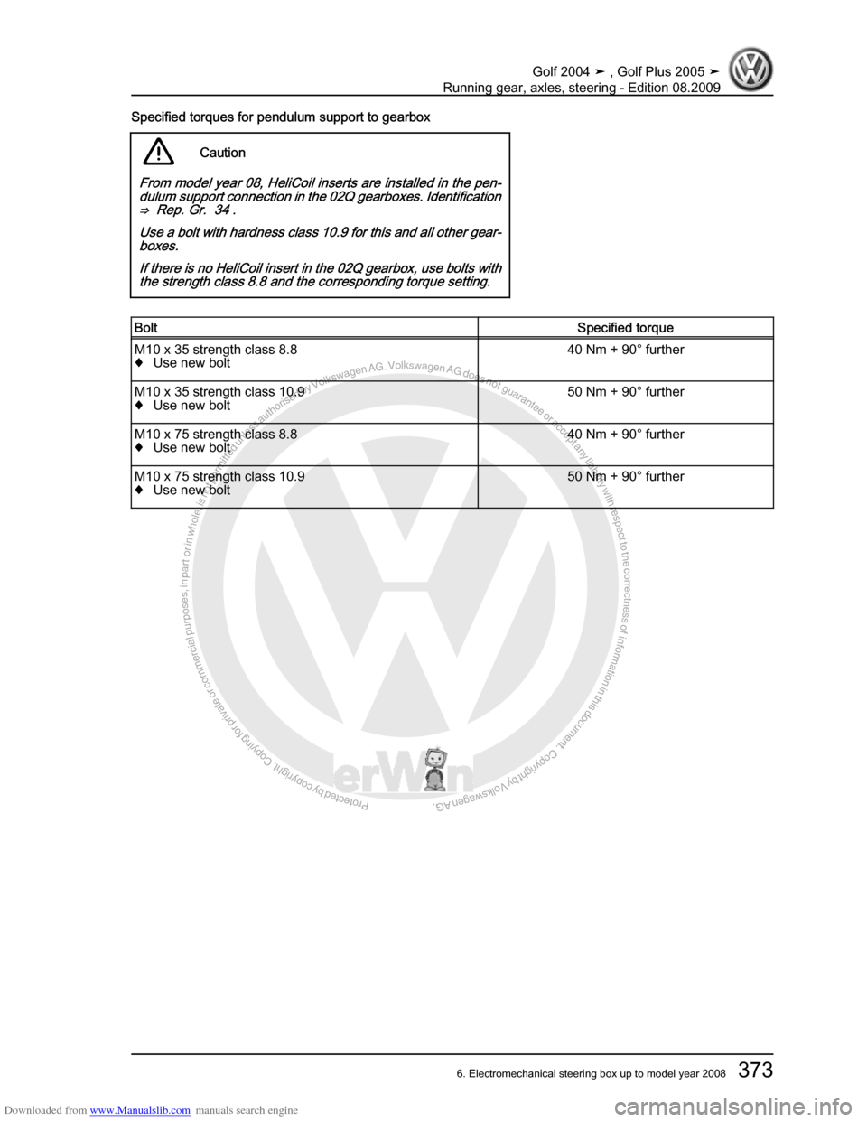 VOLKSWAGEN GOLF 2004 1J / 4.G Running Gear Axles Workshop Manual Downloaded from www.Manualslib.com manuals search engine Protected by copyright. Copying for private or commercial purposes, in partor in whole, is not permitted unless authorised by Volkswagen AG. Vo