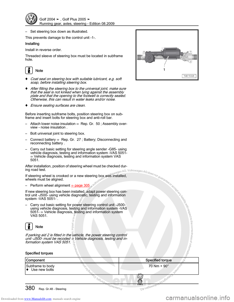 VOLKSWAGEN GOLF 2004 1J / 4.G Running Gear Axles Workshop Manual Downloaded from www.Manualslib.com manuals search engine Protected by copyright. Copying for private or commercial purposes, in partor in whole, is not permitted unless authorised by Volkswagen AG. Vo