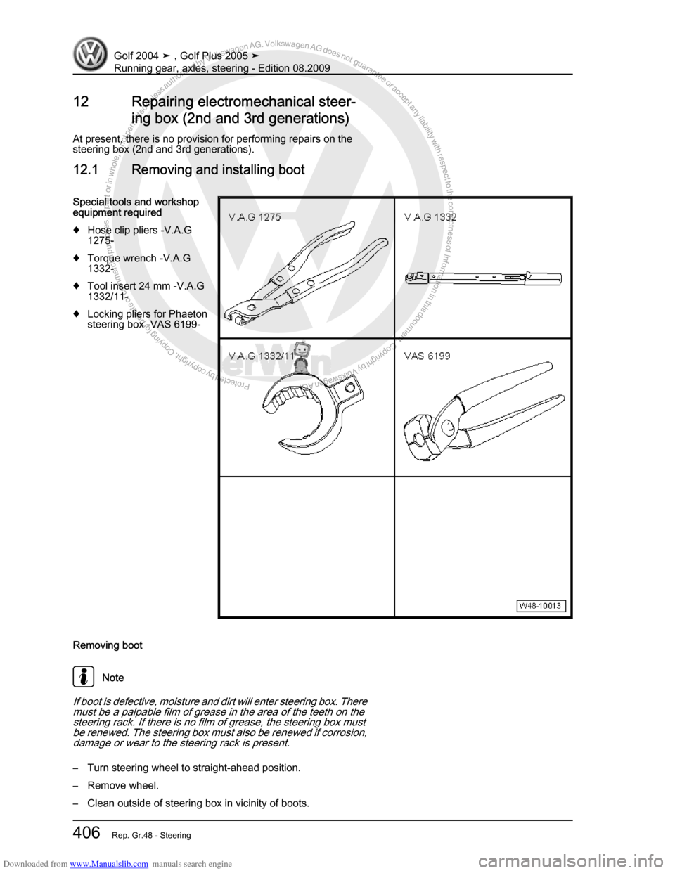 VOLKSWAGEN GOLF 2004 1J / 4.G Running Gear Axles Workshop Manual Downloaded from www.Manualslib.com manuals search engine Protected by copyright. Copying for private or commercial purposes, in partor in whole, is not permitted unless authorised by Volkswagen AG. Vo