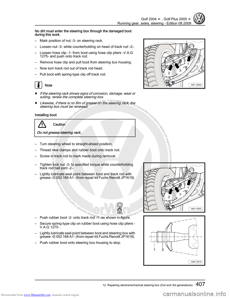 VOLKSWAGEN GOLF 2004 1J / 4.G Running Gear Axles Workshop Manual Downloaded from www.Manualslib.com manuals search engine Protected by copyright. Copying for private or commercial purposes, in partor in whole, is not permitted unless authorised by Volkswagen AG. Vo