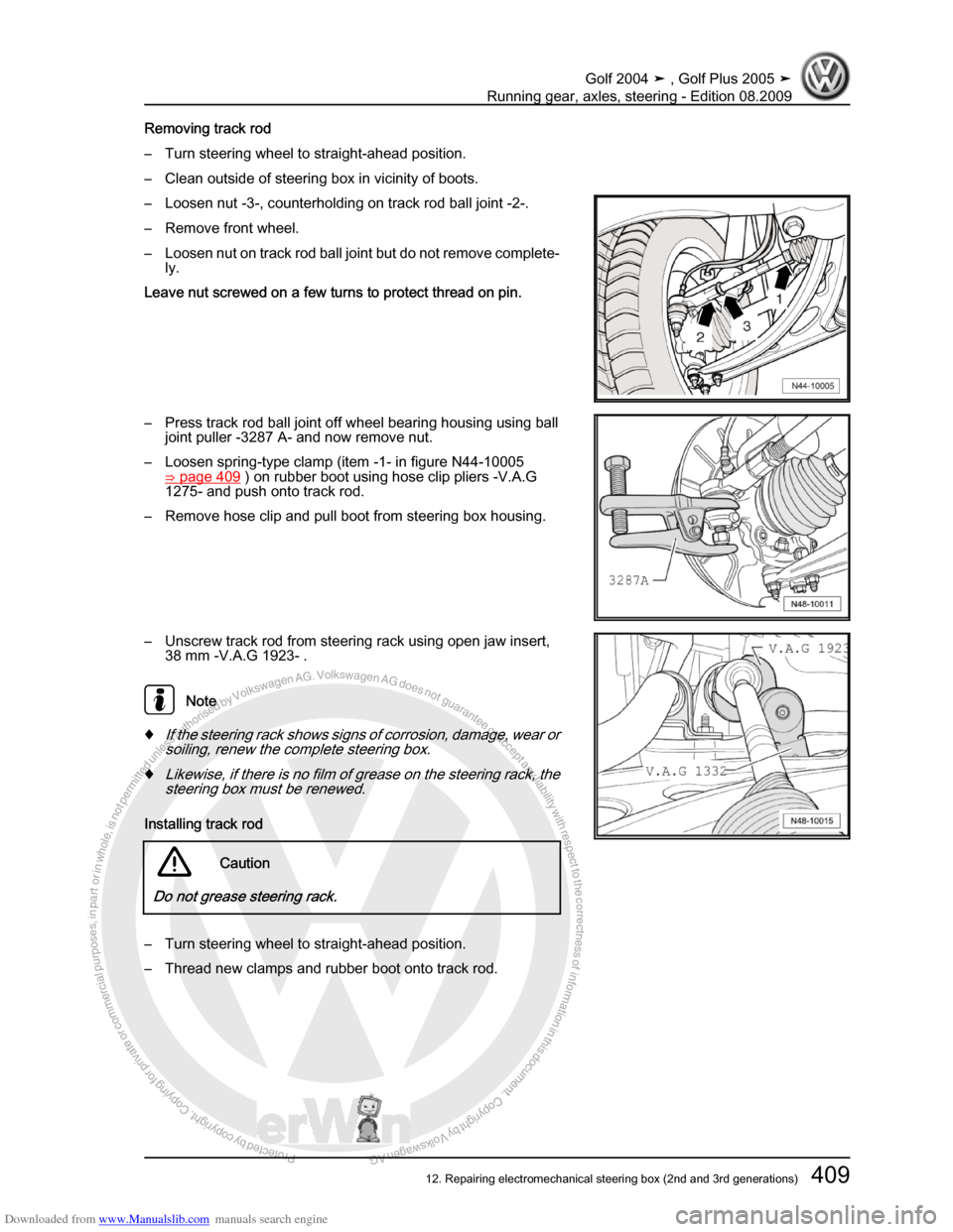 VOLKSWAGEN GOLF 2004 1J / 4.G Running Gear Axles Workshop Manual Downloaded from www.Manualslib.com manuals search engine Protected by copyright. Copying for private or commercial purposes, in partor in whole, is not permitted unless authorised by Volkswagen AG. Vo