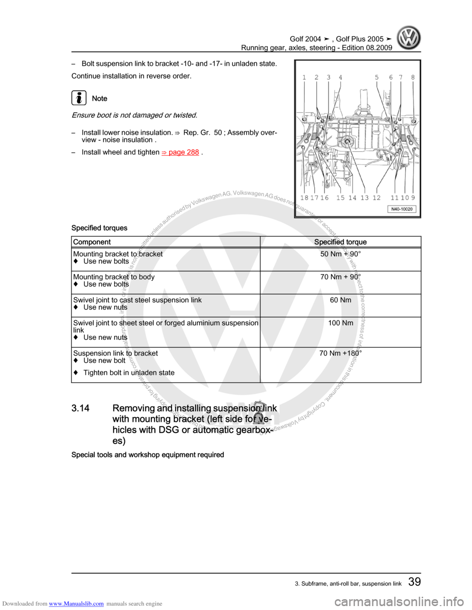 VOLKSWAGEN GOLF 2004 1J / 4.G Running Gear Axles Service Manual Downloaded from www.Manualslib.com manuals search engine Protected by copyright. Copying for private or commercial purposes, in partor in whole, is not permitted unless authorised by Volkswagen AG. Vo