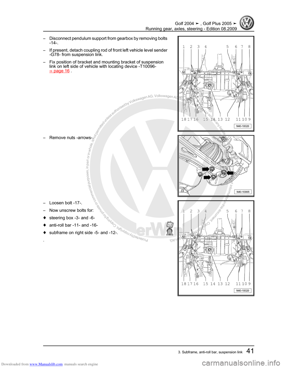 VOLKSWAGEN GOLF 2004 1J / 4.G Running Gear Axles Service Manual Downloaded from www.Manualslib.com manuals search engine Protected by copyright. Copying for private or commercial purposes, in partor in whole, is not permitted unless authorised by Volkswagen AG. Vo