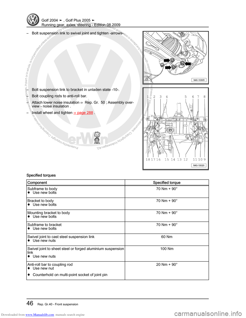 VOLKSWAGEN GOLF 2004 1J / 4.G Running Gear Axles Repair Manual Downloaded from www.Manualslib.com manuals search engine Protected by copyright. Copying for private or commercial purposes, in partor in whole, is not permitted unless authorised by Volkswagen AG. Vo