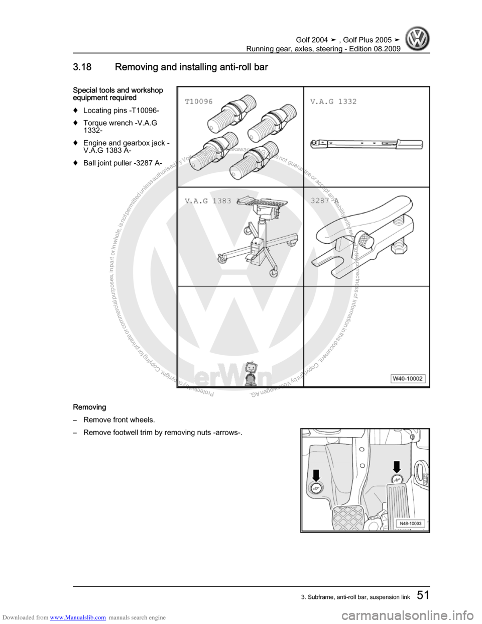 VOLKSWAGEN GOLF 2004 1J / 4.G Running Gear Axles Repair Manual Downloaded from www.Manualslib.com manuals search engine Protected by copyright. Copying for private or commercial purposes, in partor in whole, is not permitted unless authorised by Volkswagen AG. Vo