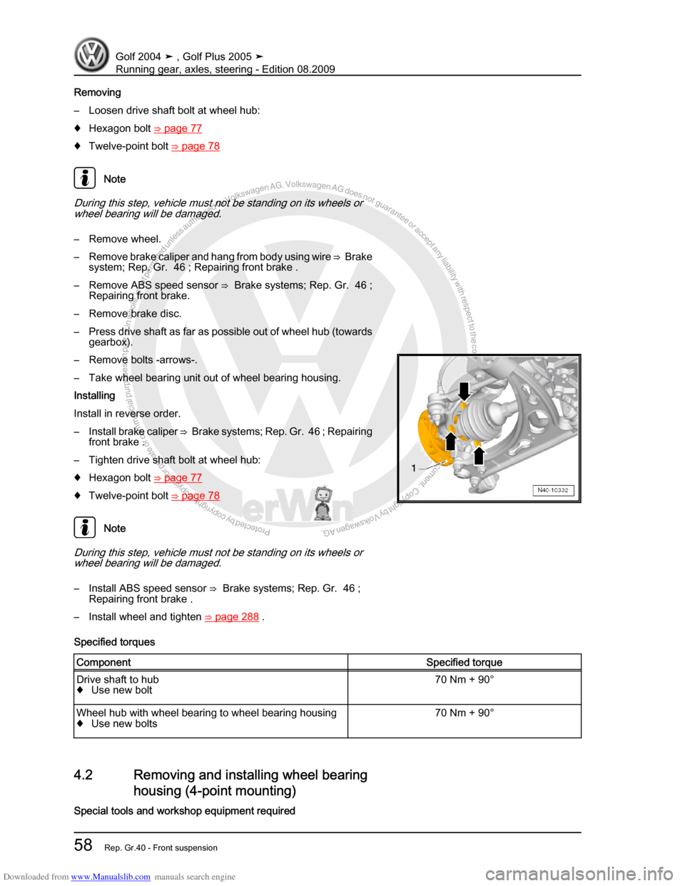 VOLKSWAGEN GOLF 2004 1J / 4.G Running Gear Axles Repair Manual Downloaded from www.Manualslib.com manuals search engine Protected by copyright. Copying for private or commercial purposes, in partor in whole, is not permitted unless authorised by Volkswagen AG. Vo