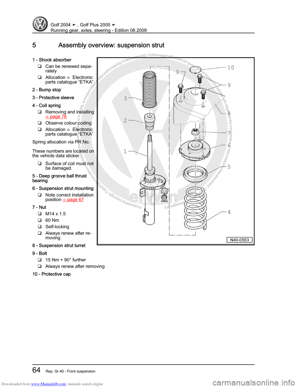 VOLKSWAGEN GOLF 2004 1J / 4.G Running Gear Axles Manual PDF Downloaded from www.Manualslib.com manuals search engine Protected by copyright. Copying for private or commercial purposes, in partor in whole, is not permitted unless authorised by Volkswagen AG. Vo