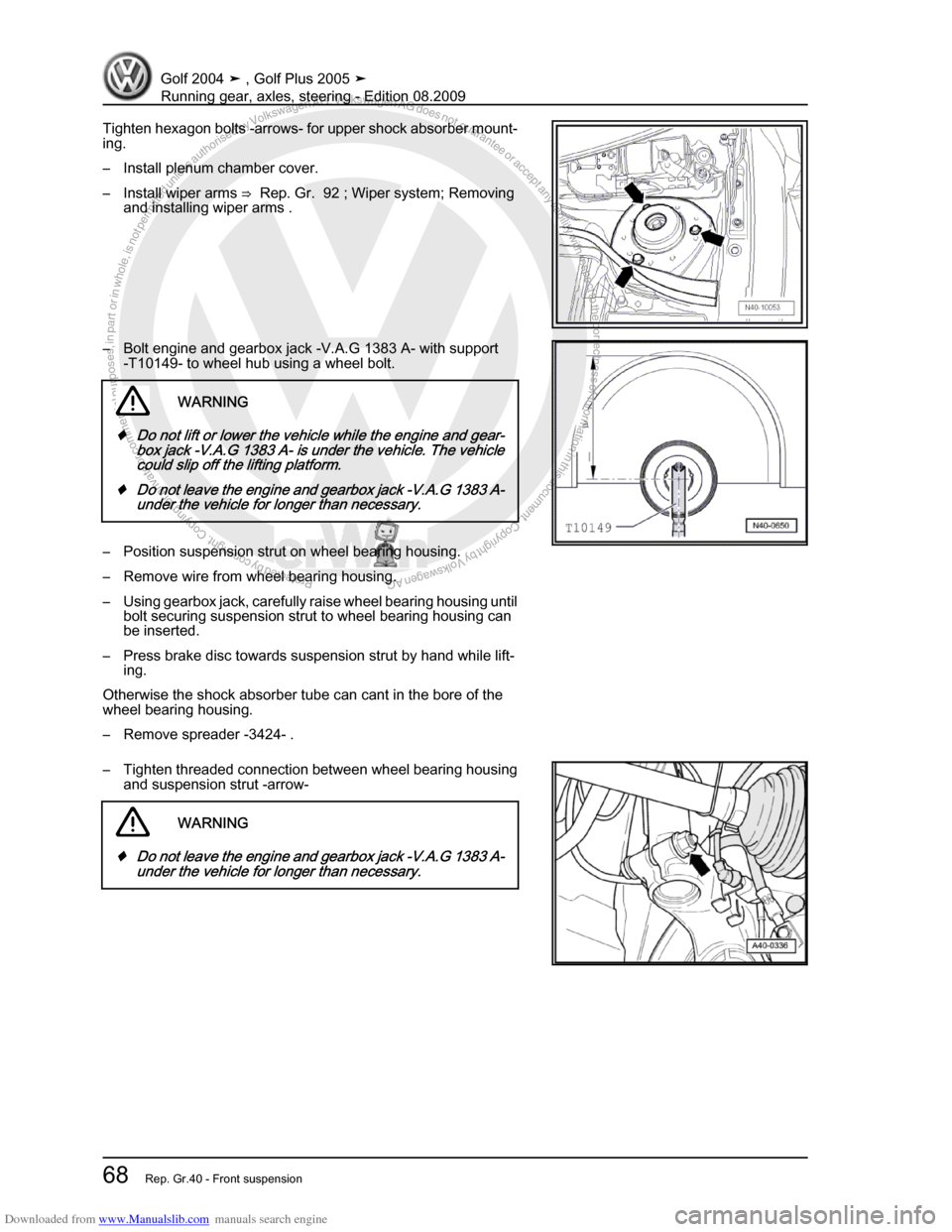 VOLKSWAGEN GOLF 2004 1J / 4.G Running Gear Axles Manual PDF Downloaded from www.Manualslib.com manuals search engine Protected by copyright. Copying for private or commercial purposes, in partor in whole, is not permitted unless authorised by Volkswagen AG. Vo