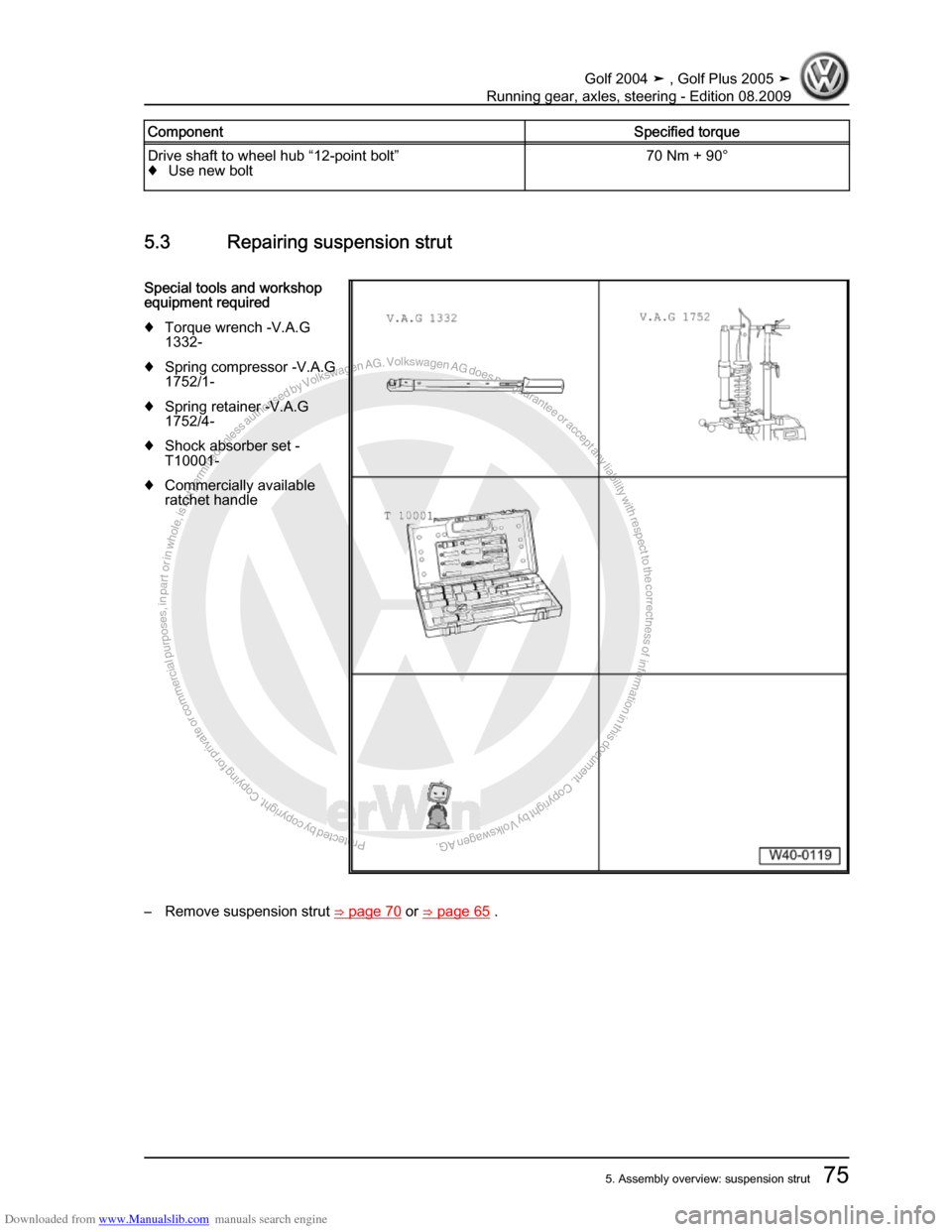 VOLKSWAGEN GOLF 2004 1J / 4.G Running Gear Axles Manual Online Downloaded from www.Manualslib.com manuals search engine Protected by copyright. Copying for private or commercial purposes, in partor in whole, is not permitted unless authorised by Volkswagen AG. Vo