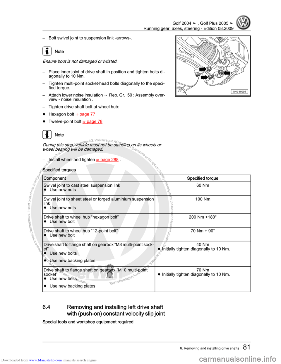 VOLKSWAGEN GOLF 2004 1J / 4.G Running Gear Axles Manual Online Downloaded from www.Manualslib.com manuals search engine Protected by copyright. Copying for private or commercial purposes, in partor in whole, is not permitted unless authorised by Volkswagen AG. Vo