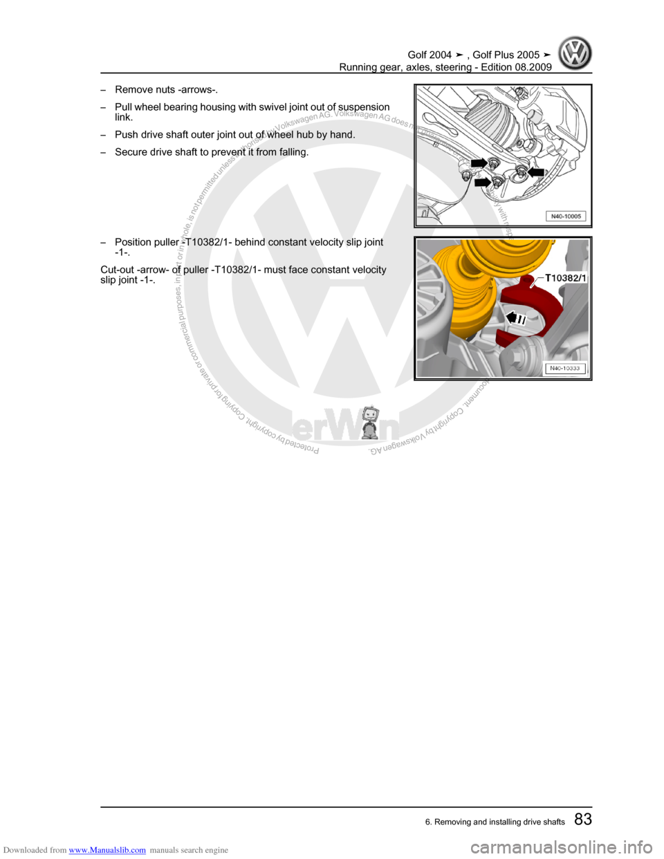 VOLKSWAGEN GOLF 2004 1J / 4.G Running Gear Axles Owners Manual Downloaded from www.Manualslib.com manuals search engine Protected by copyright. Copying for private or commercial purposes, in partor in whole, is not permitted unless authorised by Volkswagen AG. Vo
