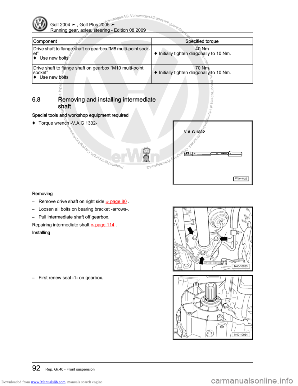VOLKSWAGEN GOLF 2004 1J / 4.G Running Gear Axles Owners Manual Downloaded from www.Manualslib.com manuals search engine Protected by copyright. Copying for private or commercial purposes, in partor in whole, is not permitted unless authorised by Volkswagen AG. Vo