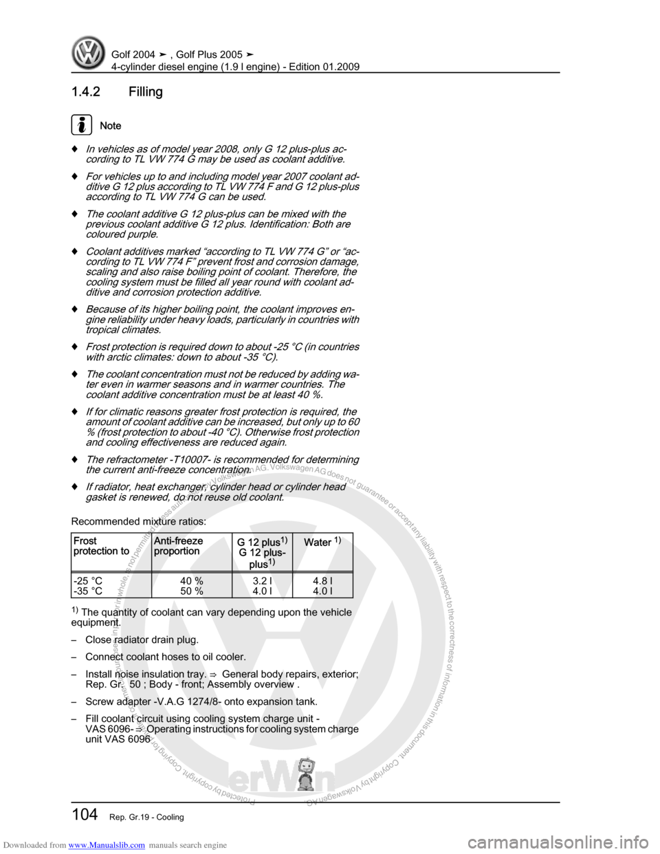 VOLKSWAGEN GOLF PLUS 2005 1K / 5.G Service Workshop Manual Downloaded from www.Manualslib.com manuals search engine Protected by copyright. Copying for private or commercial purposes, in partor in whole, is not permitted unless authorised by Volkswagen AG. Vo