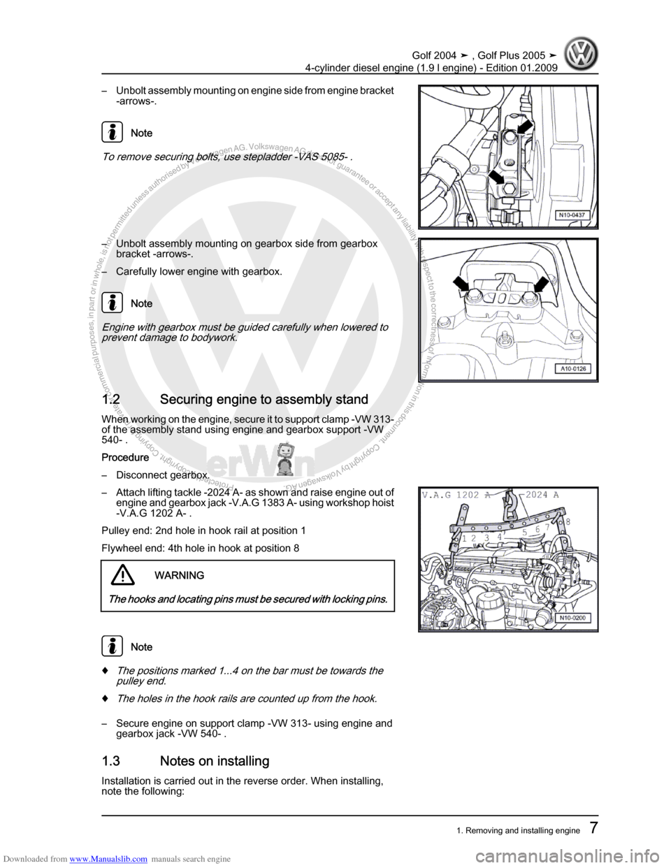 VOLKSWAGEN GOLF PLUS 2005 1K / 5.G Service User Guide Downloaded from www.Manualslib.com manuals search engine Protected by copyright. Copying for private or commercial purposes, in partor in whole, is not permitted unless authorised by Volkswagen AG. Vo