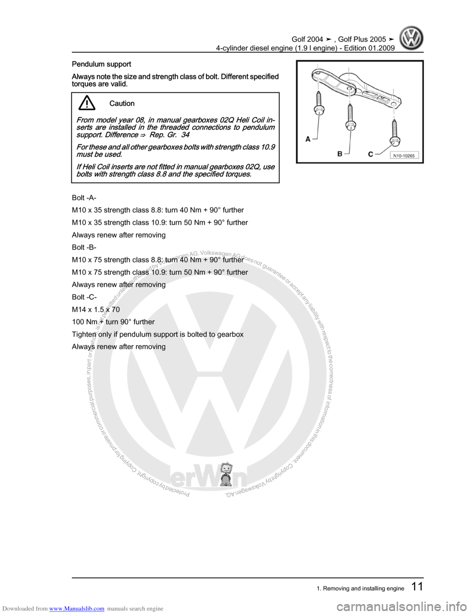 VOLKSWAGEN GOLF PLUS 2005 1K / 5.G Service User Guide Downloaded from www.Manualslib.com manuals search engine Protected by copyright. Copying for private or commercial purposes, in partor in whole, is not permitted unless authorised by Volkswagen AG. Vo