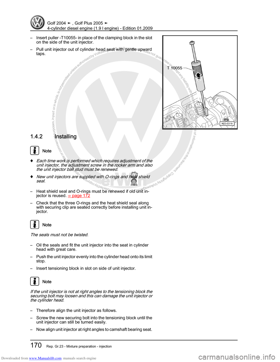 VOLKSWAGEN GOLF PLUS 2005 1K / 5.G Service Workshop Manual Downloaded from www.Manualslib.com manuals search engine Protected by copyright. Copying for private or commercial purposes, in partor in whole, is not permitted unless authorised by Volkswagen AG. Vo