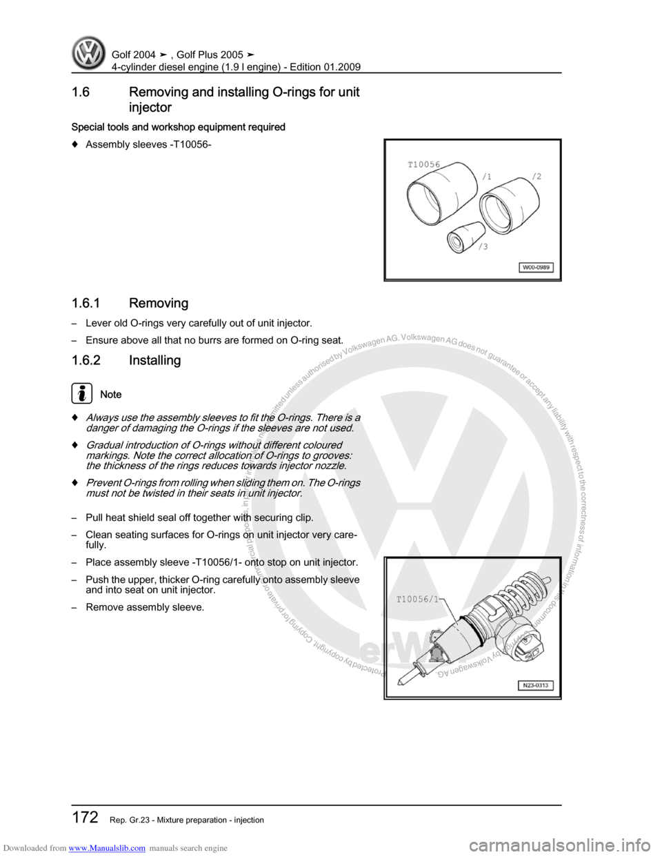 VOLKSWAGEN GOLF PLUS 2005 1K / 5.G Service Workshop Manual Downloaded from www.Manualslib.com manuals search engine Protected by copyright. Copying for private or commercial purposes, in partor in whole, is not permitted unless authorised by Volkswagen AG. Vo