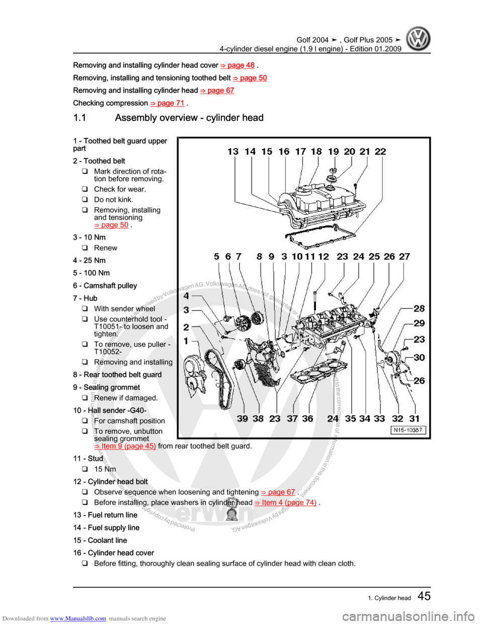VOLKSWAGEN GOLF PLUS 2005 1K / 5.G Service Repair Manual Downloaded from www.Manualslib.com manuals search engine Protected by copyright. Copying for private or commercial purposes, in partor in whole, is not permitted unless authorised by Volkswagen AG. Vo