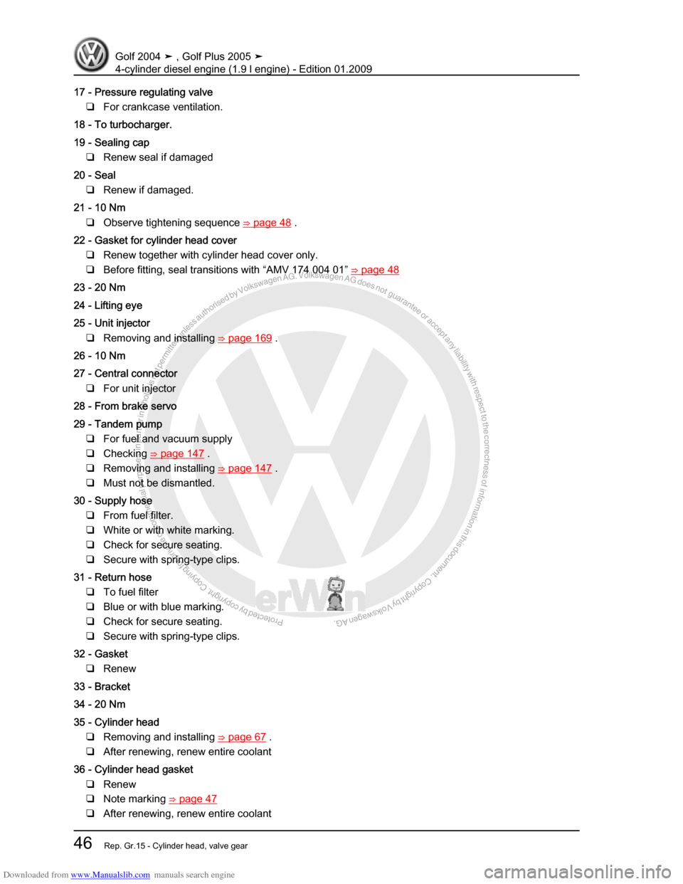 VOLKSWAGEN GOLF PLUS 2005 1K / 5.G Service Repair Manual Downloaded from www.Manualslib.com manuals search engine Protected by copyright. Copying for private or commercial purposes, in partor in whole, is not permitted unless authorised by Volkswagen AG. Vo