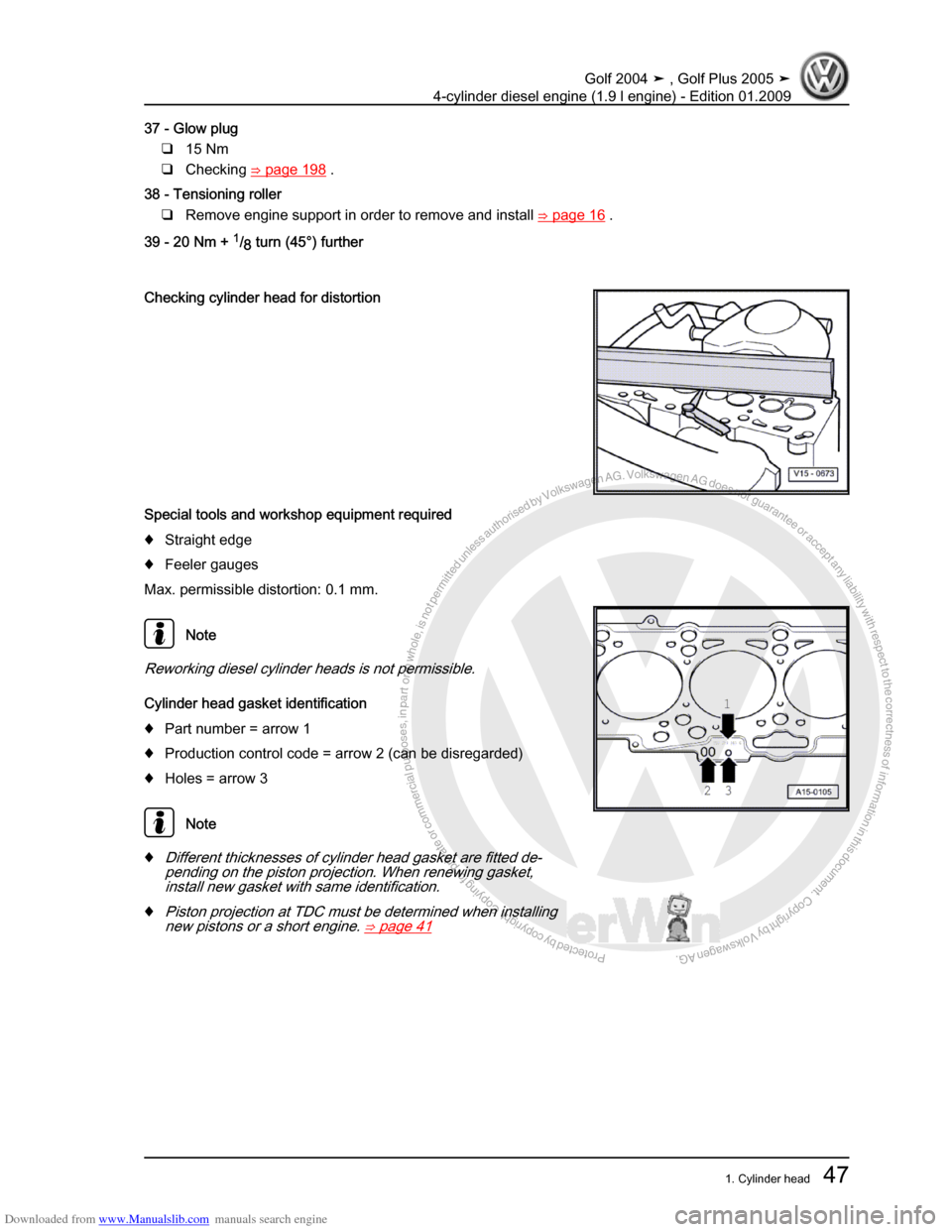 VOLKSWAGEN GOLF PLUS 2005 1K / 5.G Service Repair Manual Downloaded from www.Manualslib.com manuals search engine Protected by copyright. Copying for private or commercial purposes, in partor in whole, is not permitted unless authorised by Volkswagen AG. Vo