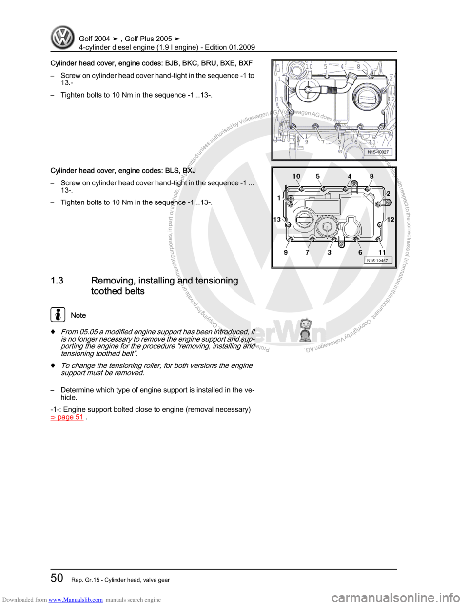 VOLKSWAGEN GOLF PLUS 2005 1K / 5.G Service Repair Manual Downloaded from www.Manualslib.com manuals search engine Protected by copyright. Copying for private or commercial purposes, in partor in whole, is not permitted unless authorised by Volkswagen AG. Vo