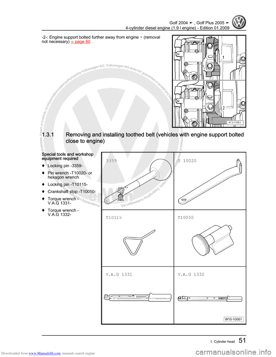 VOLKSWAGEN GOLF PLUS 2005 1K / 5.G Service Repair Manual Downloaded from www.Manualslib.com manuals search engine Protected by copyright. Copying for private or commercial purposes, in partor in whole, is not permitted unless authorised by Volkswagen AG. Vo