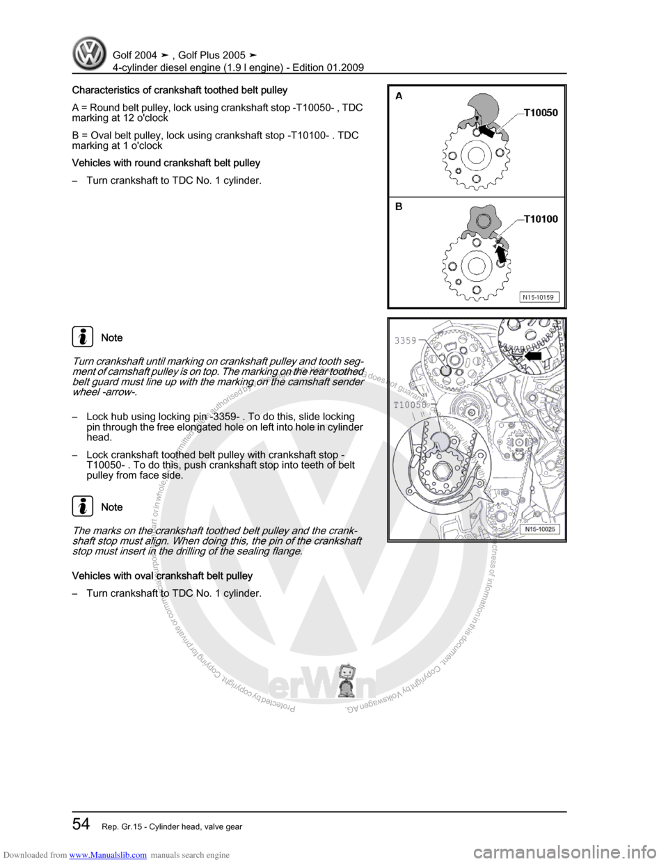 VOLKSWAGEN GOLF PLUS 2005 1K / 5.G Service Repair Manual Downloaded from www.Manualslib.com manuals search engine Protected by copyright. Copying for private or commercial purposes, in partor in whole, is not permitted unless authorised by Volkswagen AG. Vo