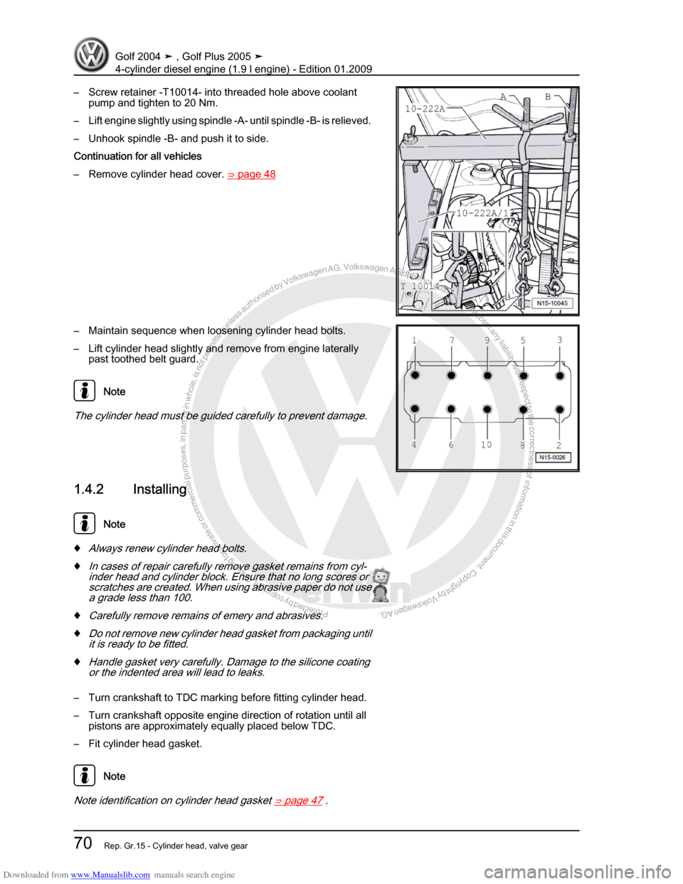 VOLKSWAGEN GOLF PLUS 2005 1K / 5.G Service Manual PDF Downloaded from www.Manualslib.com manuals search engine Protected by copyright. Copying for private or commercial purposes, in partor in whole, is not permitted unless authorised by Volkswagen AG. Vo