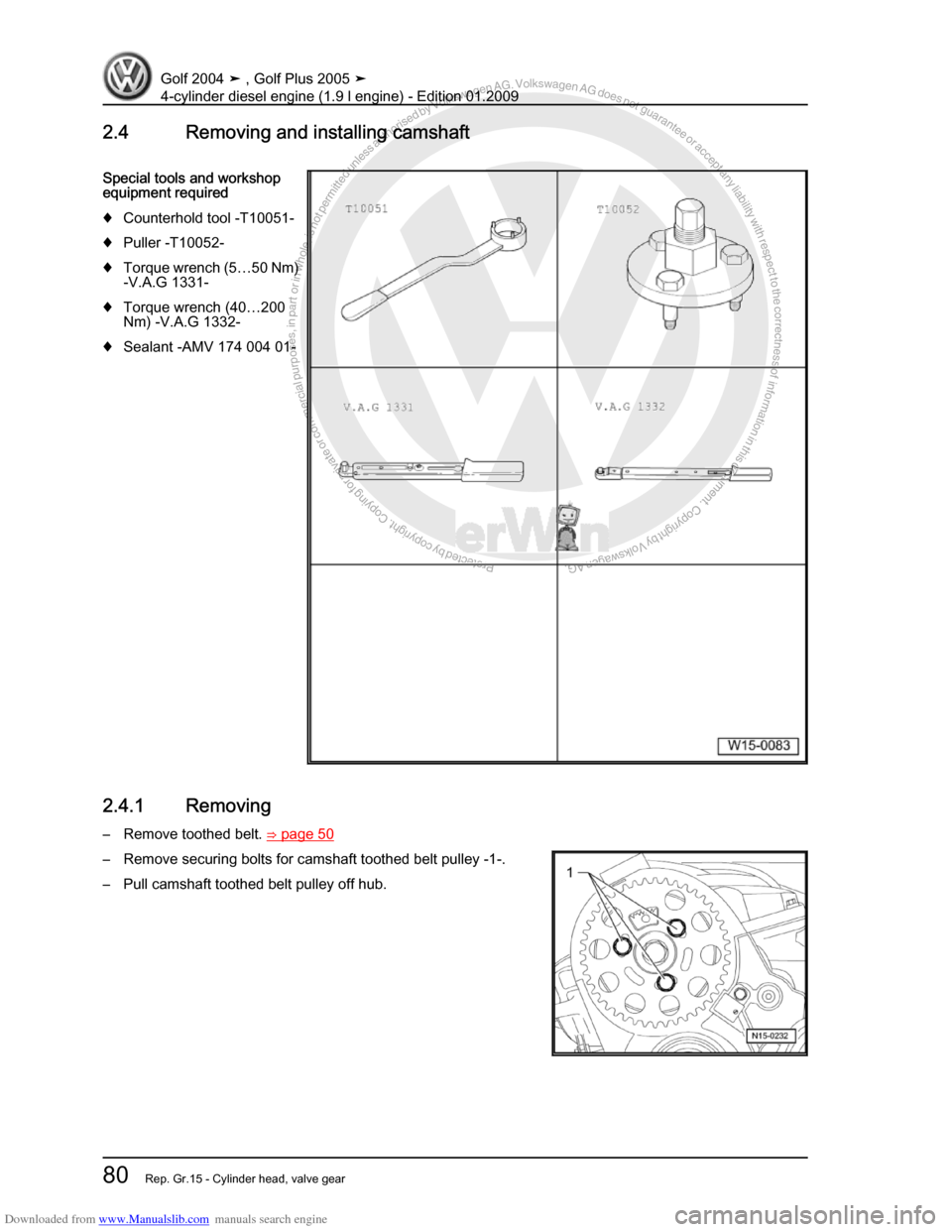 VOLKSWAGEN GOLF PLUS 2005 1K / 5.G Service Manual Online Downloaded from www.Manualslib.com manuals search engine Protected by copyright. Copying for private or commercial purposes, in partor in whole, is not permitted unless authorised by Volkswagen AG. Vo