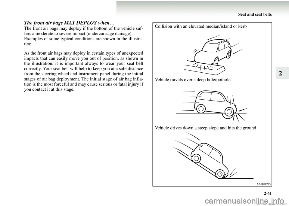 MITSUBISHI COLT 2008 Owners Manual (in English) Seat and seat belts2-61
2
The front air bags MAY DEPLOY when…
The front air bags may deploy if the bottom of the vehicle suf-
fers a moderate to severe impact (undercarriage damage).
Examples of so MITSUBISHI COLT 2008 Owners Manual (in English) Seat and seat belts2-61
2
The front air bags MAY DEPLOY when…
The front air bags may deploy if the bottom of the vehicle suf-
fers a moderate to severe impact (undercarriage damage).
Examples of so
