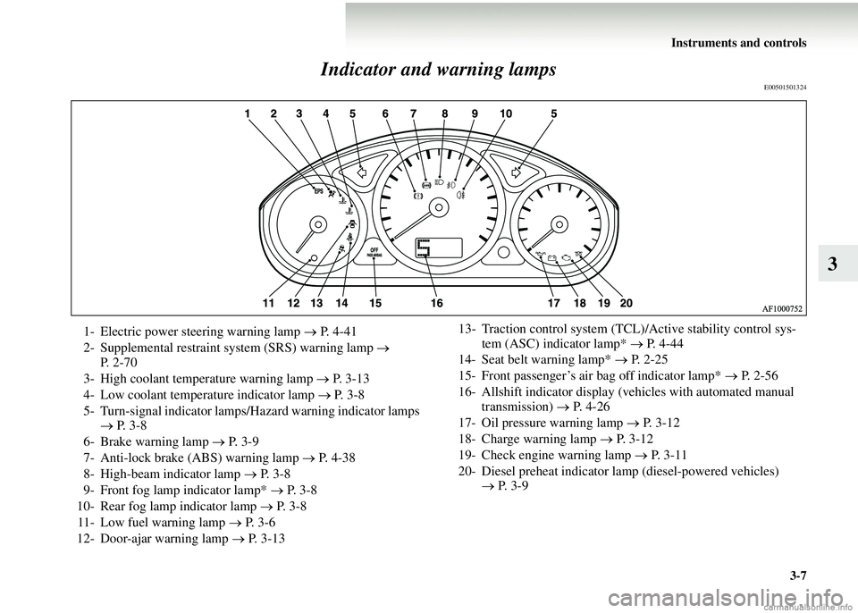 MITSUBISHI COLT 2008  Owners Manual (in English) Instruments and controls3-7
3
Indicator and warning lamps
E00501501324
1- Electric power steering warning lamp 
→ P. 4-41
2- Supplemental restraint system (SRS) warning lamp  → 
P.  2 - 7 0
3- Hig
