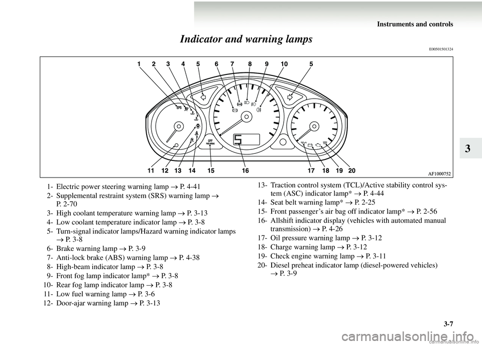 MITSUBISHI COLT 2008 Owners Manual (in English) Instruments and controls3-7
3
Indicator and warning lamps
E00501501324
1- Electric power steering warning lamp
→ P. 4-41
2- Supplemental restraint system (SRS) warning lamp →
P. 2 - 7 0
3- Hig MITSUBISHI COLT 2008 Owners Manual (in English) Instruments and controls3-7
3
Indicator and warning lamps
E00501501324
1- Electric power steering warning lamp
→ P. 4-41
2- Supplemental restraint system (SRS) warning lamp →
P. 2 - 7 0
3- Hig