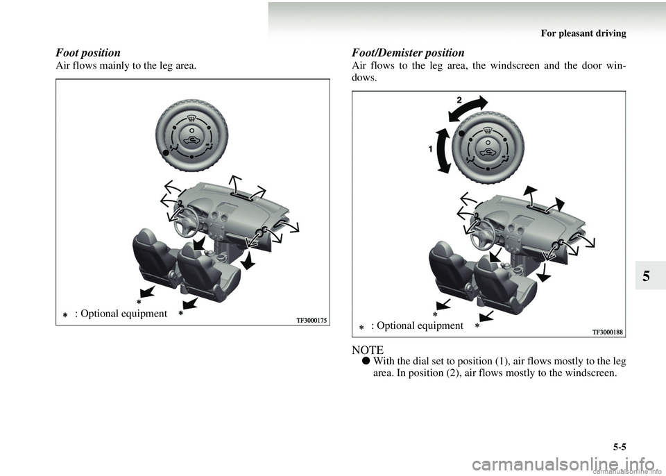 MITSUBISHI COLT 2008  Owners Manual (in English) For pleasant driving5-5
5
Foot position 
Air flows mainly to the leg area.
Foot/Demister position    
Air flows to the leg area, the  windscreen and the door win-
dows. 
NOTE● With the dial set to p
