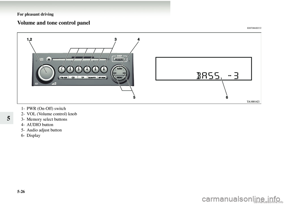 MITSUBISHI COLT 2008 Owners Manual (in English) 5-26 For pleasant driving
5
Volume and tone control panelE00708600332
1- PWR (On-Off) switch
2- VOL (Volume control) knob
3- Memory select buttons
4- AUDIO button
5- Audio adjust button
6- Display MITSUBISHI COLT 2008 Owners Manual (in English) 5-26 For pleasant driving
5
Volume and tone control panelE00708600332
1- PWR (On-Off) switch
2- VOL (Volume control) knob
3- Memory select buttons
4- AUDIO button
5- Audio adjust button
6- Display