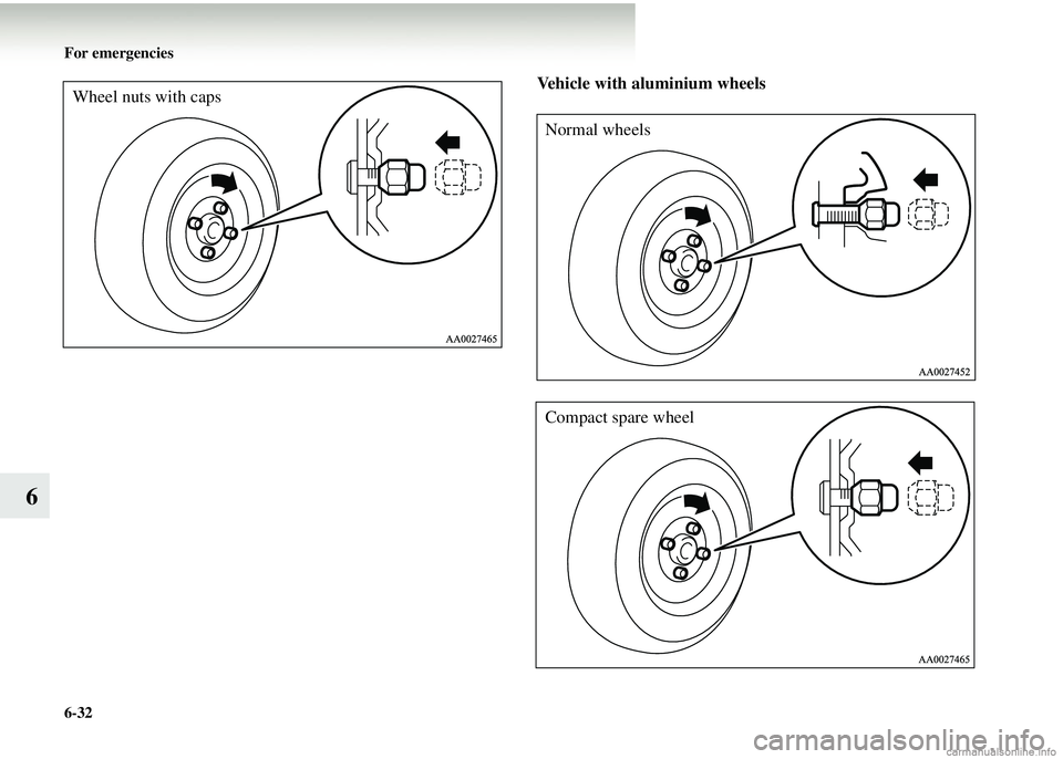 MITSUBISHI COLT 2008 Owners Manual (in English) 6-32 For emergencies
6
Vehicle with aluminium wheels
Wheel nuts with caps
Normal wheels
Compact spare wheel MITSUBISHI COLT 2008 Owners Manual (in English) 6-32 For emergencies
6
Vehicle with aluminium wheels
Wheel nuts with caps
Normal wheels
Compact spare wheel