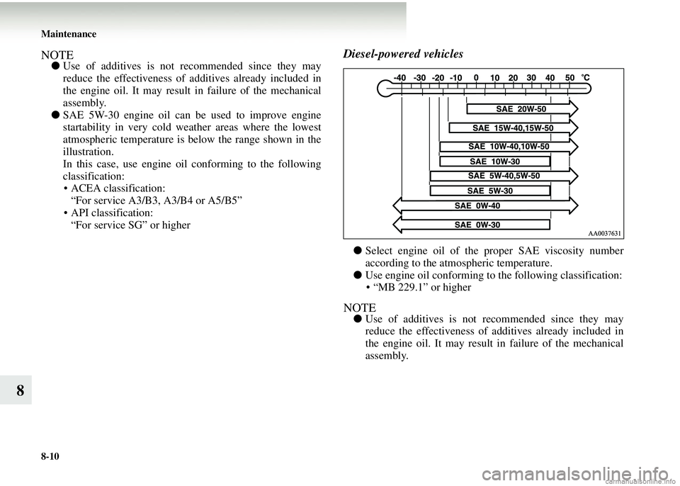 MITSUBISHI COLT 2008  Owners Manual (in English) 8-10 Maintenance
8
NOTE●Use of additives is not recommended since they may
reduce the effectiveness of  additives already included in
the engine oil. It may result  in failure of the mechanical
asse