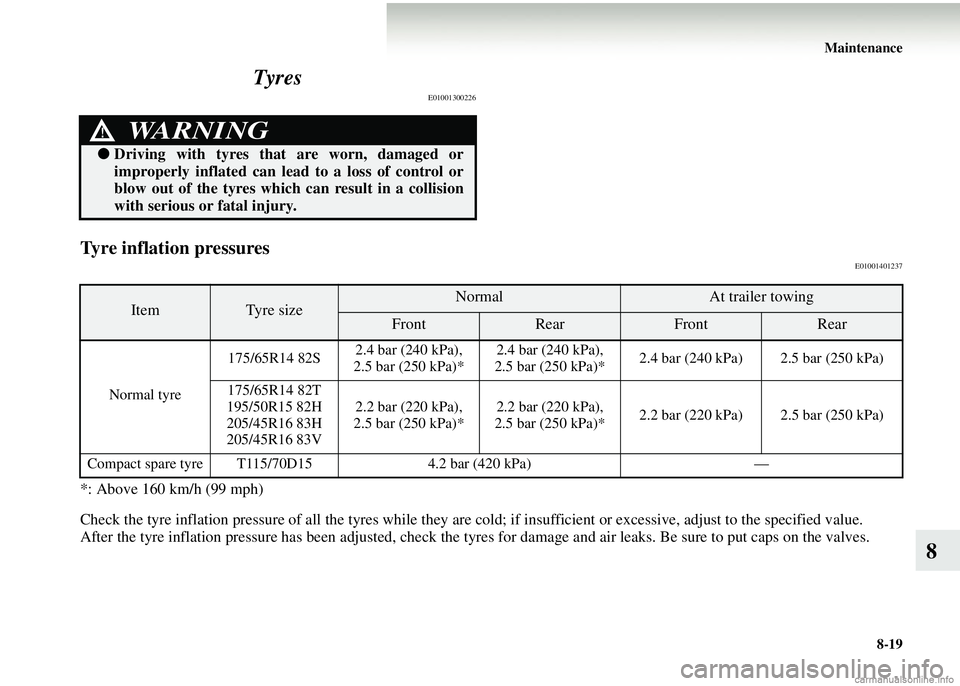 MITSUBISHI COLT 2008 Owners Manual (in English) Maintenance8-19
8
Tyres
E01001300226
Tyre inflation pressuresE01001401237
*: Above 160 km/h (99 mph)
Check the tyre inflation pressure of all th
e tyres while they are cold; if insufficient or excessi MITSUBISHI COLT 2008 Owners Manual (in English) Maintenance8-19
8
Tyres
E01001300226
Tyre inflation pressuresE01001401237
*: Above 160 km/h (99 mph)
Check the tyre inflation pressure of all th
e tyres while they are cold; if insufficient or excessi