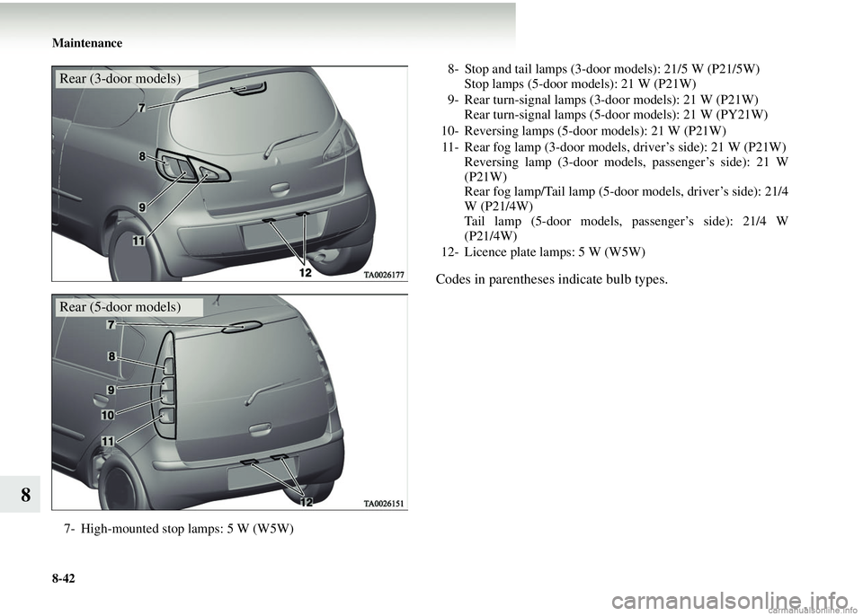 MITSUBISHI COLT 2008   (in English) User Guide 8-42 Maintenance
8
Codes in parentheses indicate bulb types.
7- High-mounted stop lamps: 5 W (W5W)
Rear (3-door models)
Rear (5-door models)
8- Stop and tail lamps (3-door models): 21/5 W (P21/5W)Stop