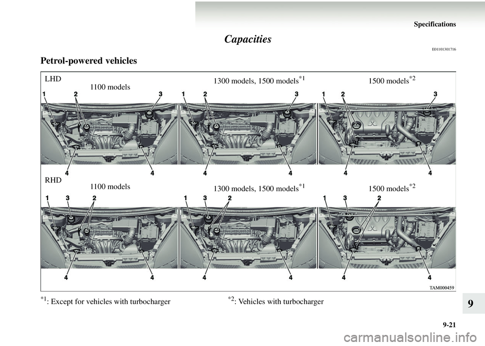 MITSUBISHI COLT 2008  Owners Manual (in English) Specifications9-21
9
Capacities
E01101301716
Petrol-powered vehicles
*1: Except for vehicles with turbocharger     
                        *2: Vehicles with turbocharger 
LHD
1100 models 1300 models,