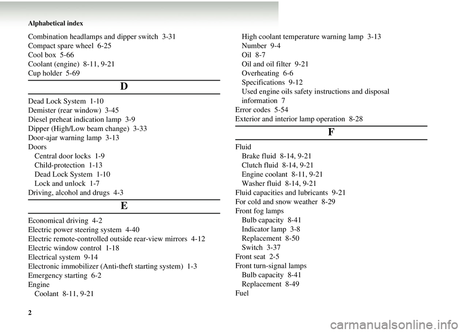 MITSUBISHI COLT 2008  Owners Manual (in English) Alphabetical index
2
Combination headlamps and dipper switch 3-31
Compact spare wheel 6-25
Cool box 5-66
Coolant (engine) 8-11, 9-21
Cup holder 5-69
D
Dead Lock System 1-10
Demister (rear window) 3-45