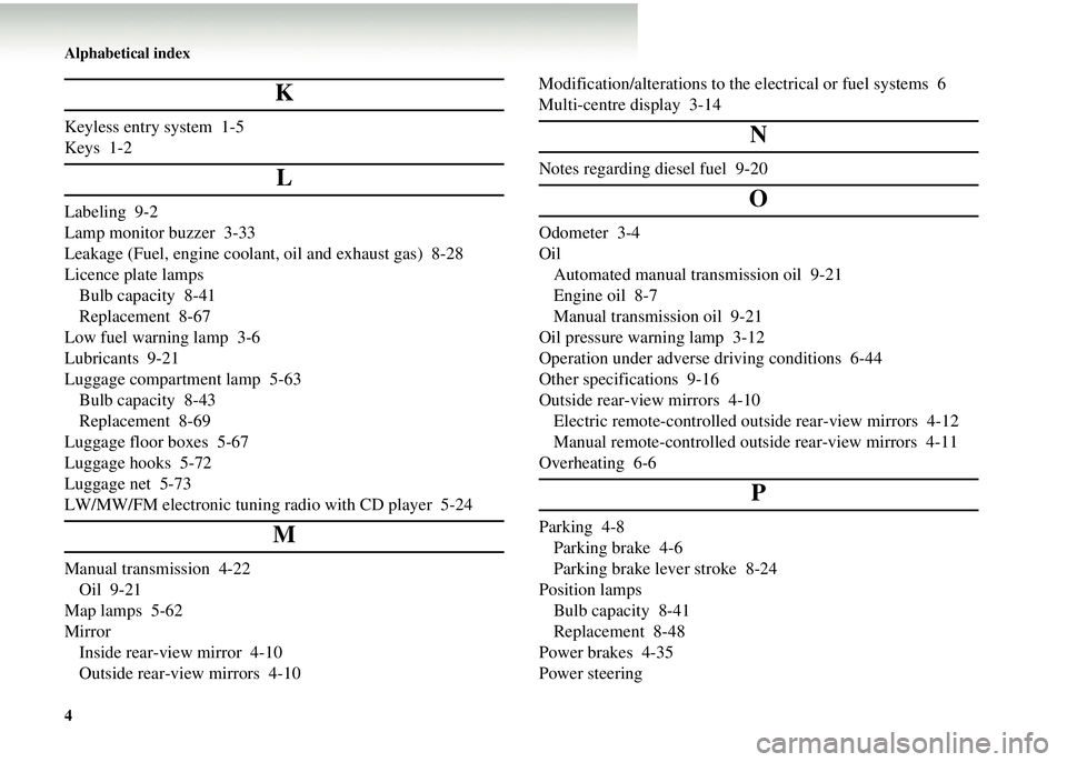MITSUBISHI COLT 2008  Owners Manual (in English) Alphabetical index
4
K
Keyless entry system 1-5
Keys 1-2
L
Labeling 9-2
Lamp monitor buzzer 3-33
Leakage (Fuel, engine coolant, oil and exhaust gas) 8-28
Licence plate lamps Bulb capacity 8-41
Replace