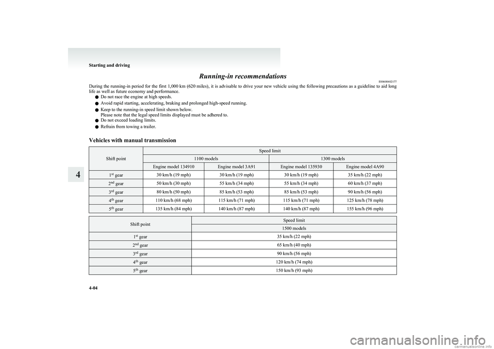 MITSUBISHI COLT 2011 (in English) User Guide Running-in recommendationsE00600402177
During the running-in period for the first 1,000 km (620 miles), it is advisable to drive your new vehicle using the following precautions as a guideline to aid MITSUBISHI COLT 2011 (in English) User Guide Running-in recommendationsE00600402177
During the running-in period for the first 1,000 km (620 miles), it is advisable to drive your new vehicle using the following precautions as a guideline to aid