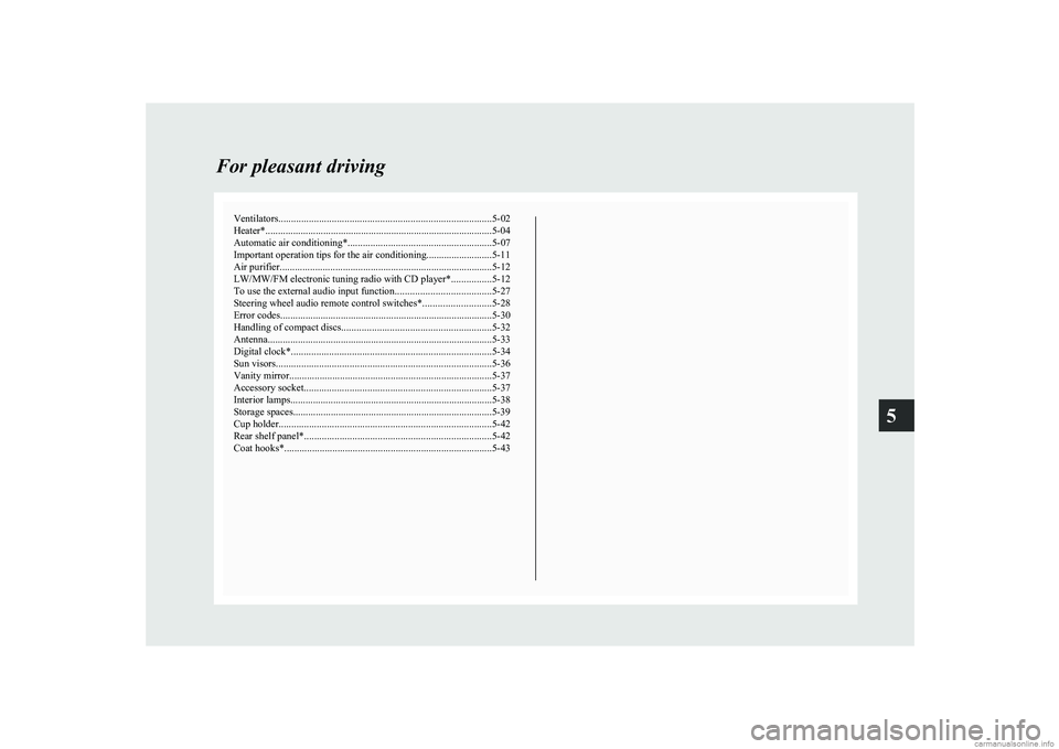 MITSUBISHI COLT 2011  Owners Manual (in English) Ventilators.................................................................................... 5-02
Heater*..........................................................................................5-